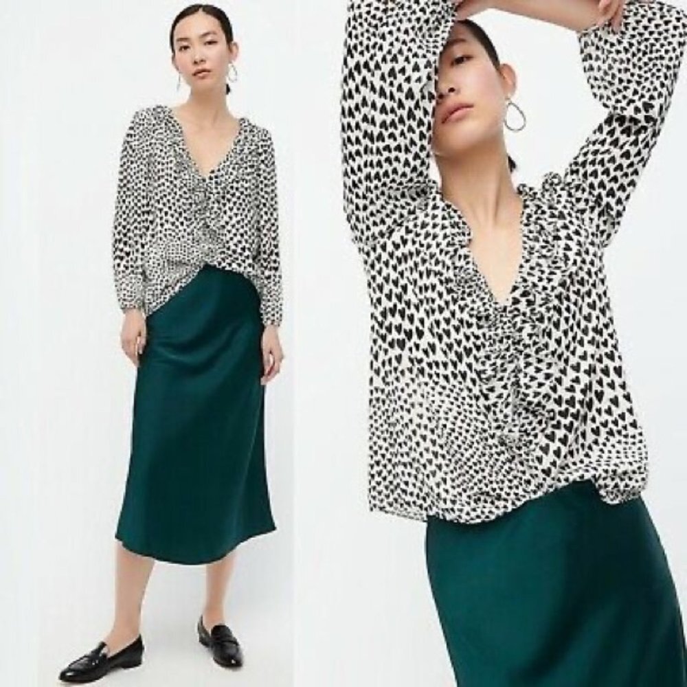 J.Crew Heart Print Ruffle Neck Long Sleeve Blouse White/Black XXS